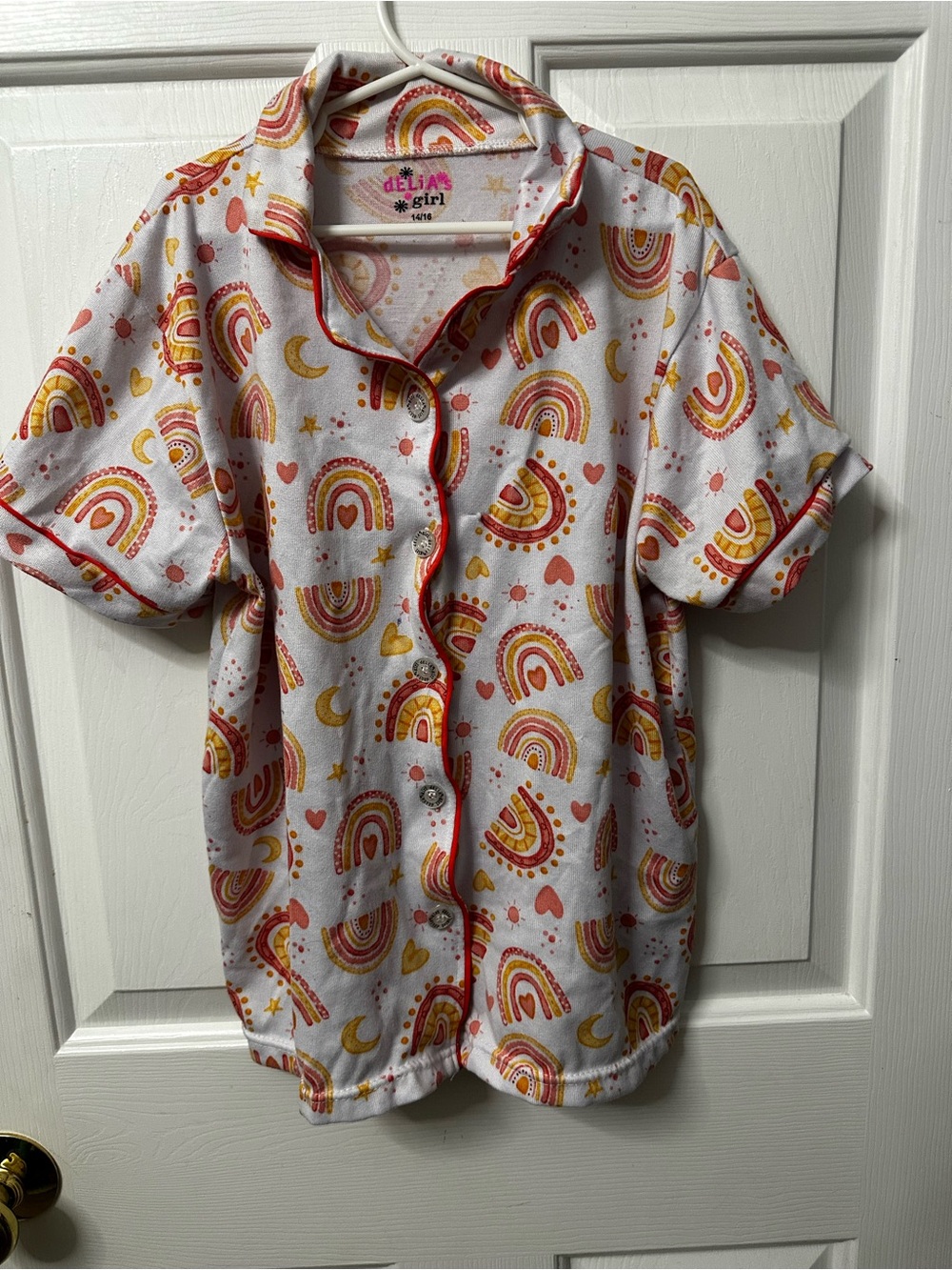 Girls White Rainbow Print Short Sleeve Button-Up Top